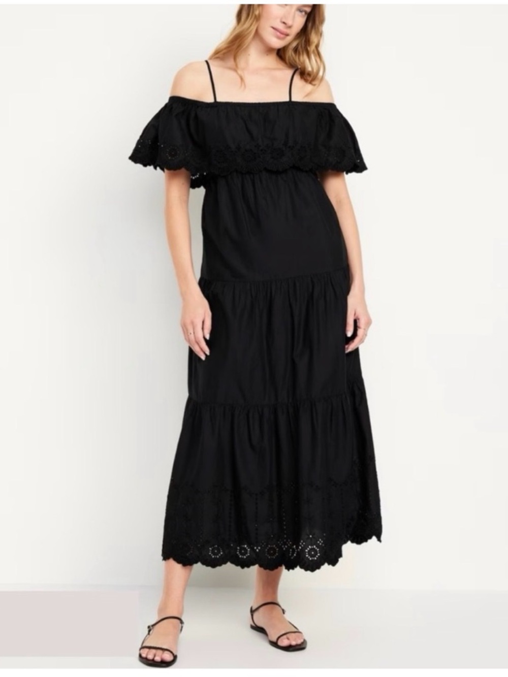 Old Navy Black Swing Cotton Off-Shoulder Black Maxi Dress Eyelet Trim New